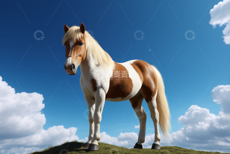 高清大图下载【趣麦麦图】蓝天白云下站立的棕白相间马