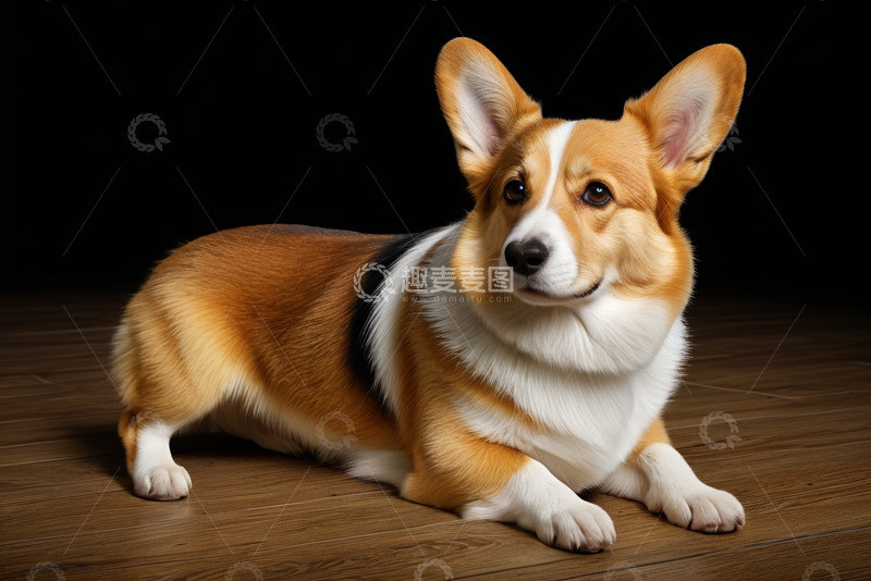 高清大图下载【趣麦麦图】趴在木地板上的柯基犬