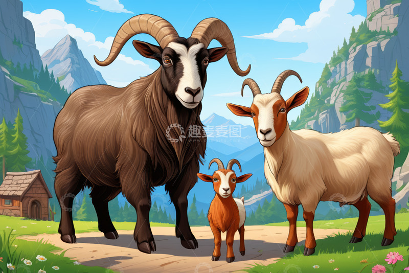 高清大图下载【趣麦麦图】山间草地上的山羊家庭
