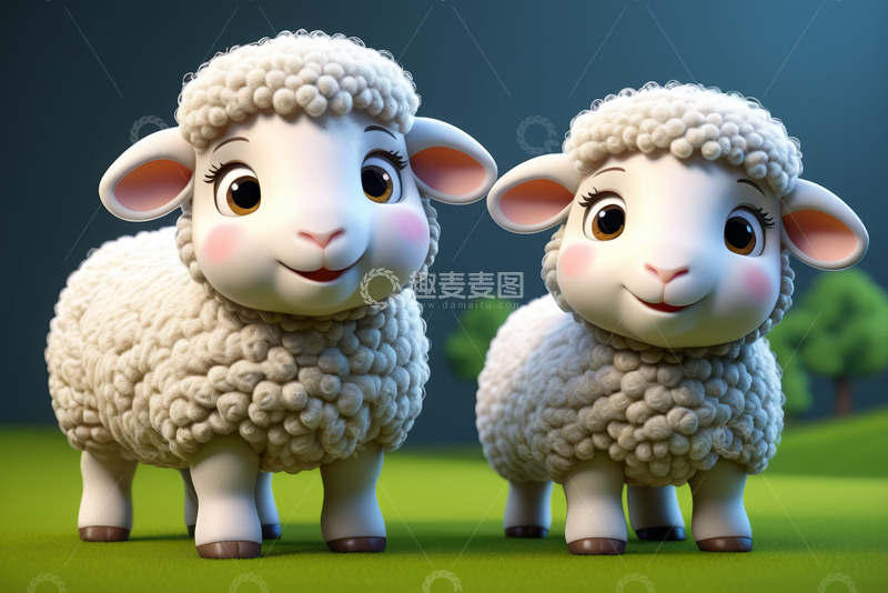 高清大图下载【趣麦麦图】两只卡通绵羊站在草地上