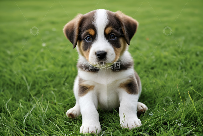 高清大图下载【趣麦麦图】草地上坐着的可爱小狗