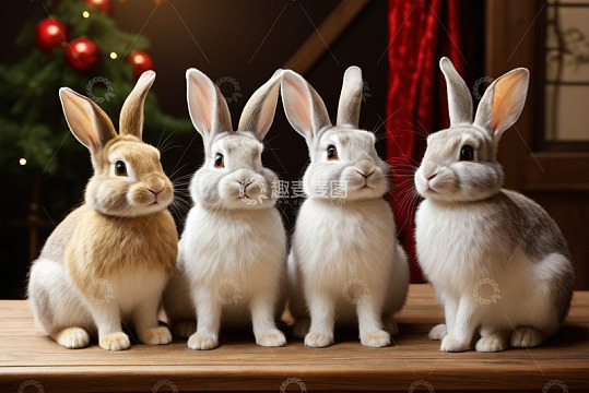 四只可爱兔子室内场景