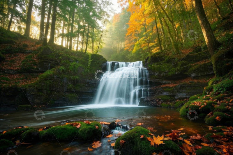 高清大图下载【趣麦麦图】森林中的秋季瀑布自然景观