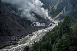 山间河流与蒸腾雾气景观