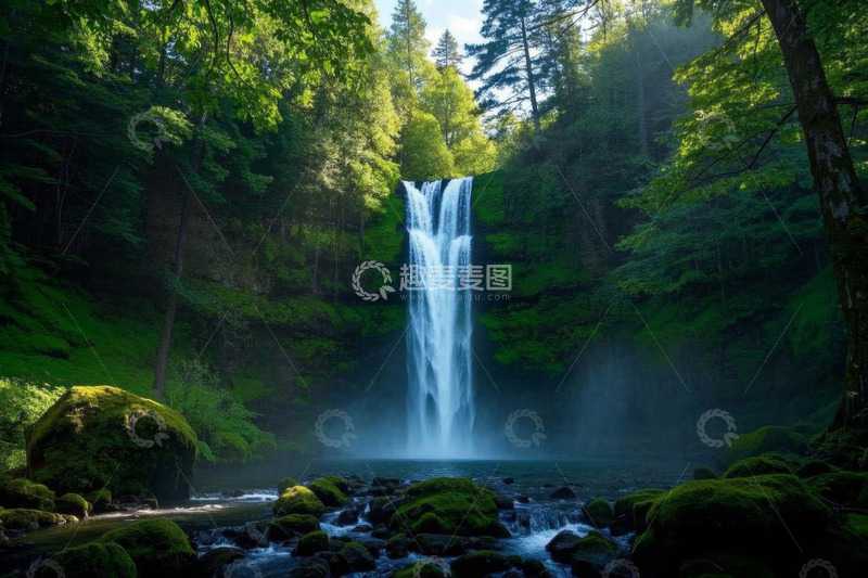高清大图下载【趣麦麦图】森林中的瀑布自然景观