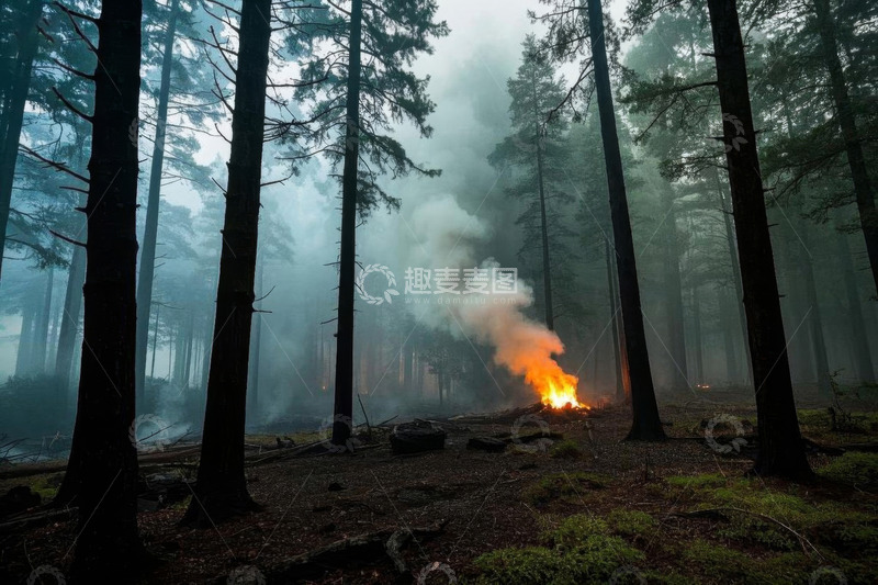 高清大图下载【趣麦麦图】森林中燃烧的火焰与烟雾