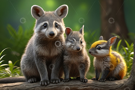 三只浣熊于木头上的场景