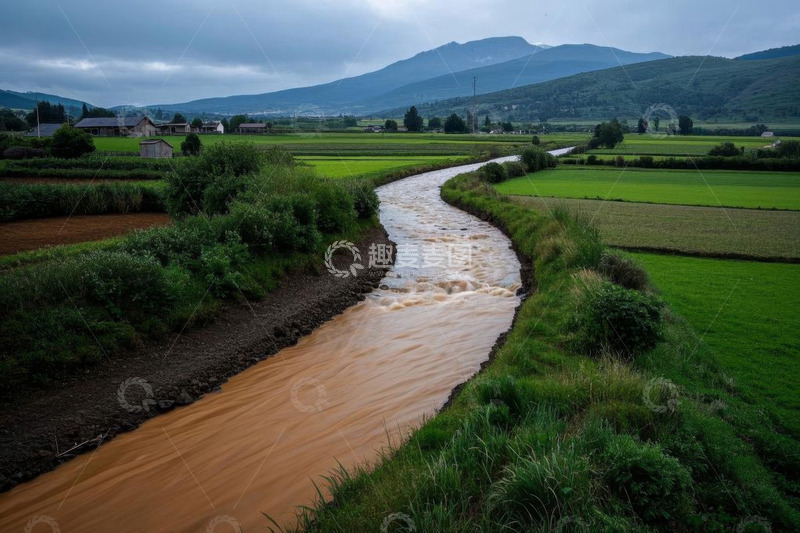 高清大图下载【趣麦麦图】乡村田野间的蜿蜒河流景观