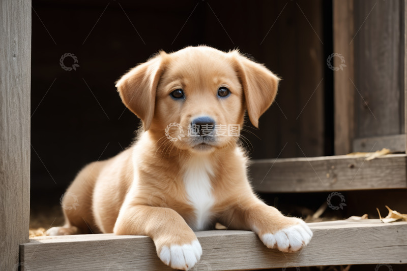 高清大图下载【趣麦麦图】可爱小狗趴于木制结构处
