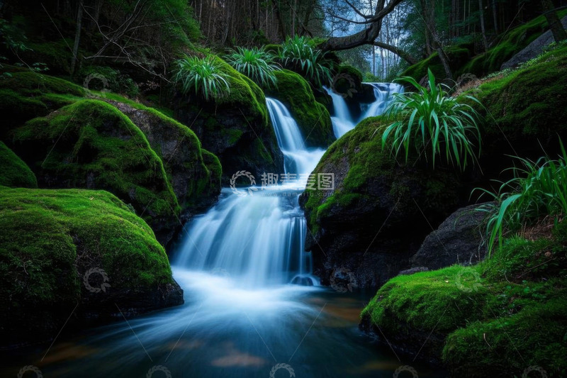 高清大图下载【趣麦麦图】森林中的溪流瀑布自然景观