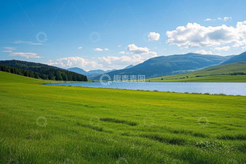 高清大图下载【趣麦麦图】草原湖泊与远山自然景观