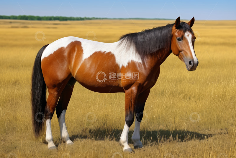 高清大图下载【趣麦麦图】草原上站立的棕白相间骏马