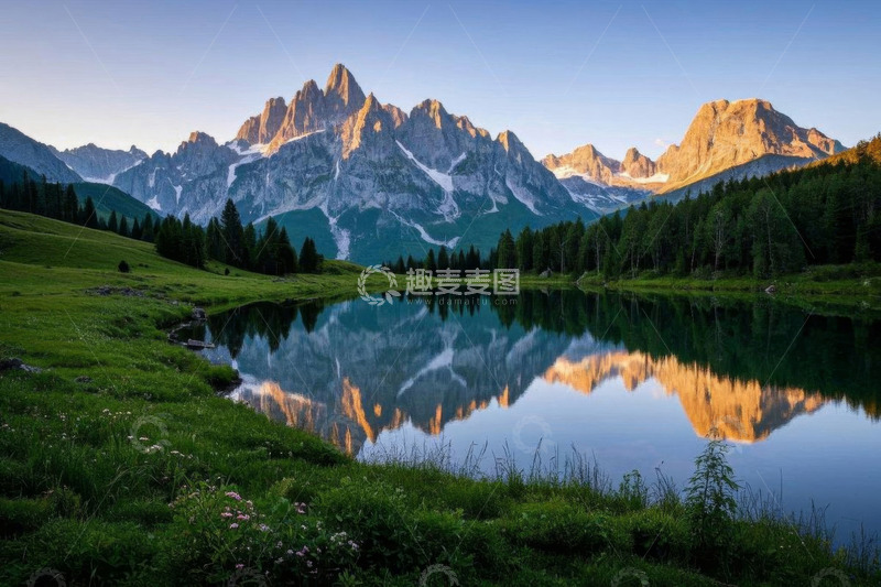 高清大图下载【趣麦麦图】山间湖泊与远处雪山风景