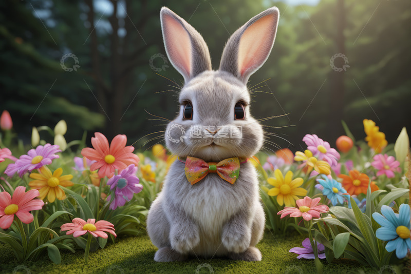 高清大图下载【趣麦麦图】花丛中戴领结的可爱兔子