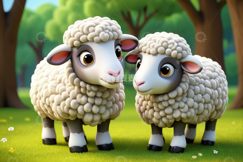 高清大图下载【趣麦麦图】两只卡通绵羊站在草地上