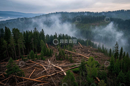 山林砍伐后堆积的木材场景