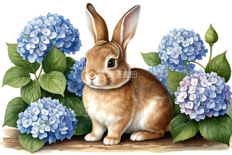 高清大图下载【趣麦麦图】兔子与绣球花插画