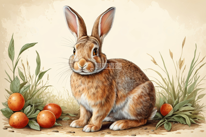 高清大图下载【趣麦麦图】坐立的兔子与彩蛋插画