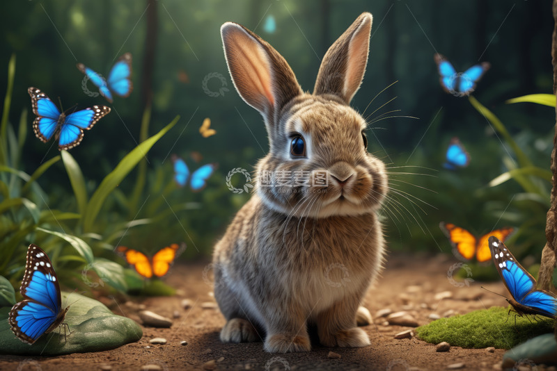 高清大图下载【趣麦麦图】森林中兔子与蝴蝶素材