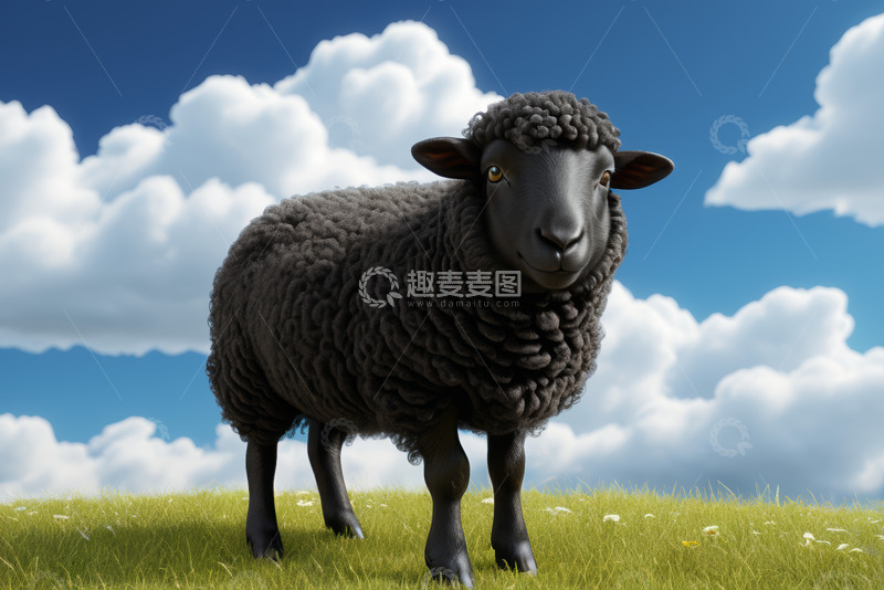 高清大图下载【趣麦麦图】黑绵羊站立于草地蓝天间