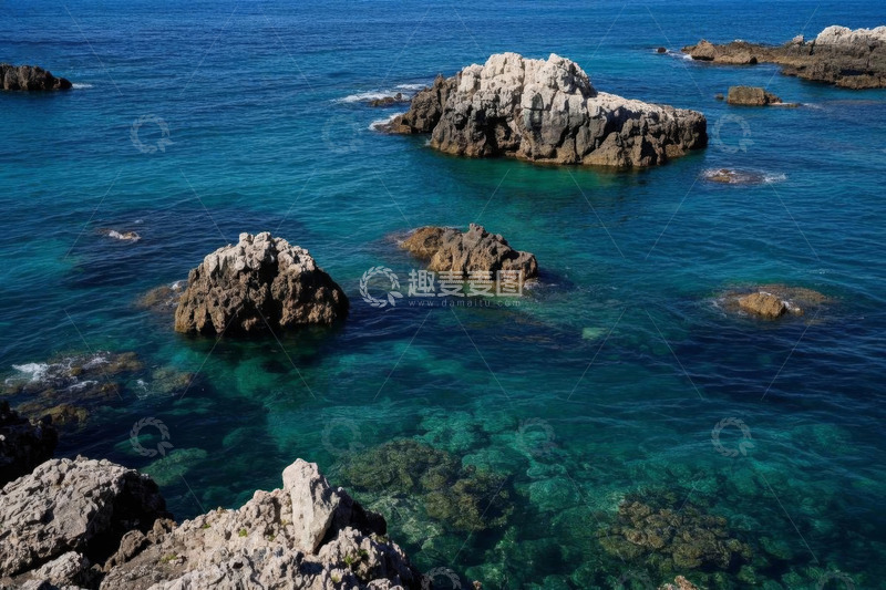高清大图下载【趣麦麦图】蓝色海洋中的礁石景观