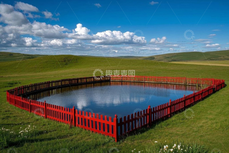 高清大图下载【趣麦麦图】草原上红围栏环绕的池塘景观