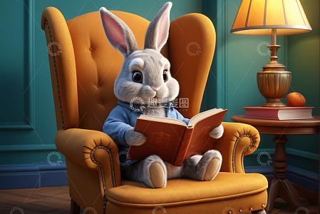 卡通兔子坐在沙发上阅读
