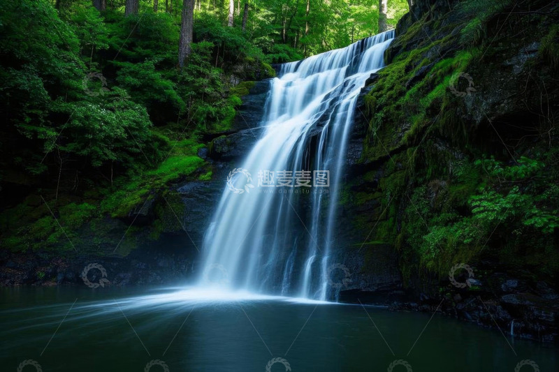 高清大图下载【趣麦麦图】森林中的瀑布自然景观