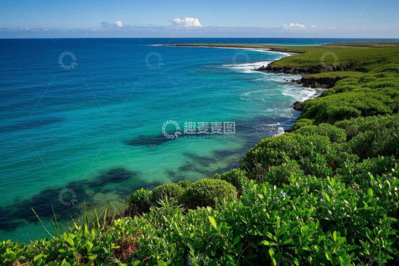 高清大图下载【趣麦麦图】海岸边绿植环绕的蓝色海洋景观