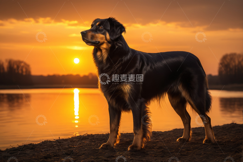 高清大图下载【趣麦麦图】夕阳下湖畔站立的狗