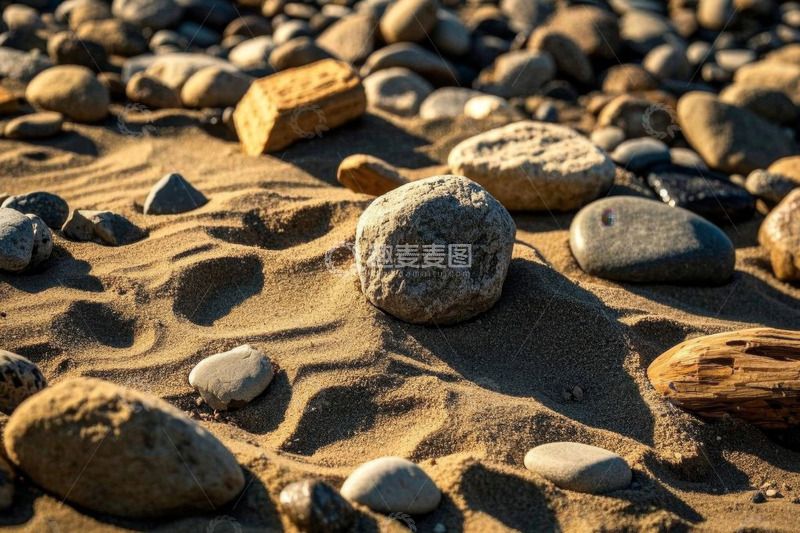 高清大图下载【趣麦麦图】沙滩上的石头与木块特写