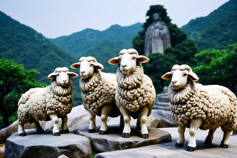高清大图下载【趣麦麦图】户外四羊雕塑与远山佛像景观
