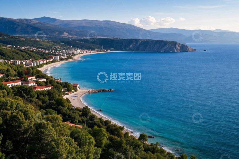 高清大图下载【趣麦麦图】海滨小镇与蓝色大海景观