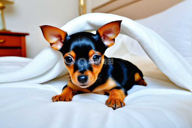 高清大图下载【趣麦麦图】小狗趴床上躲在毯子下