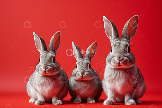 三只灰兔于红色背景前