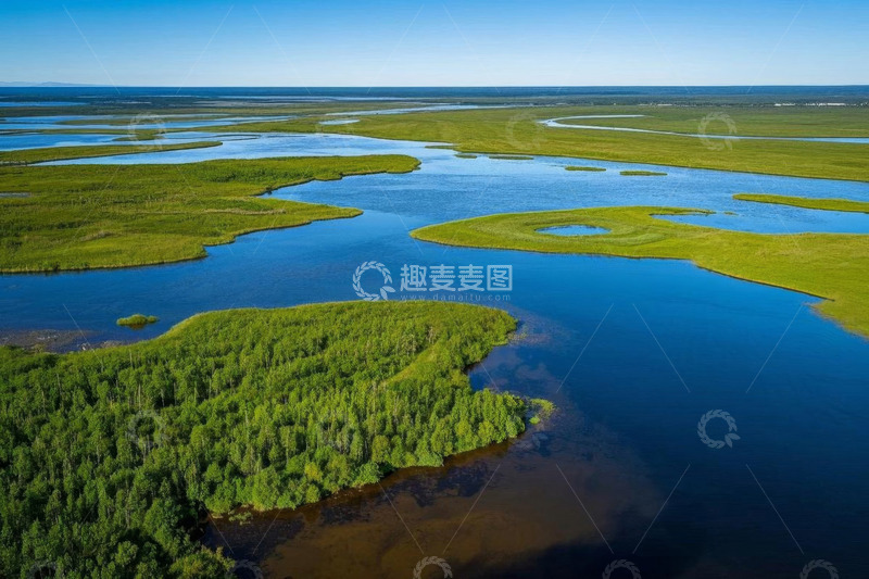 高清大图下载【趣麦麦图】湿地河流森林鸟瞰全景