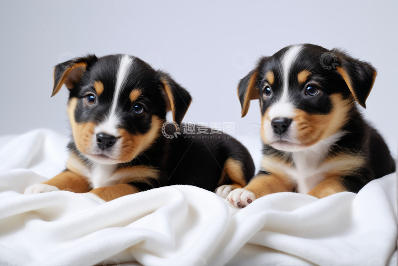 高清大图下载【趣麦麦图】两只趴卧在白布上的小狗