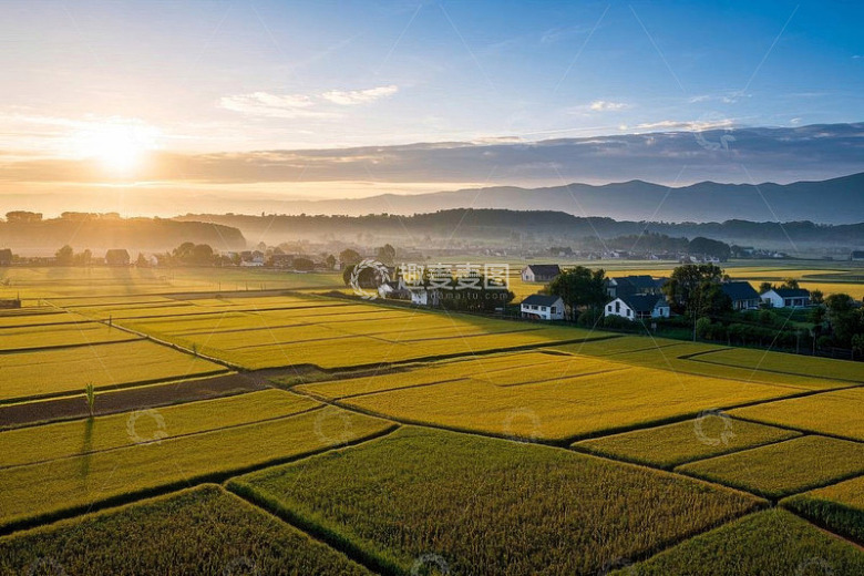 乡村田野日出全景