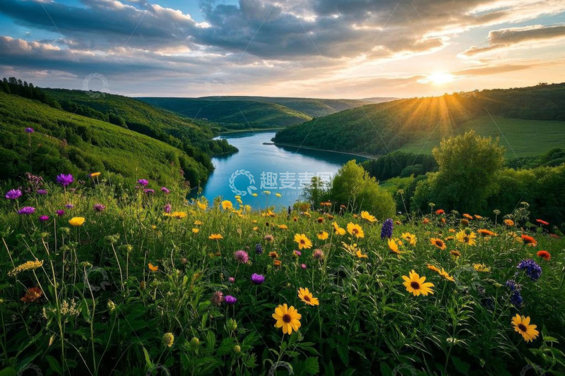 高清大图下载【趣麦麦图】山间湖畔日落时分花海景观
