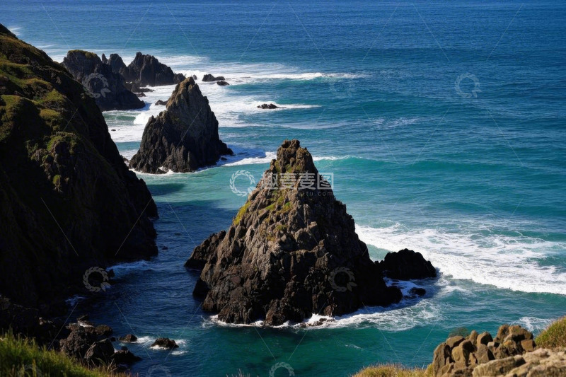 高清大图下载【趣麦麦图】海岸边嶙峋礁石与海浪景观