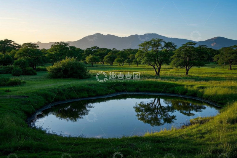 高清大图下载【趣麦麦图】草原湖泊与远山自然风光