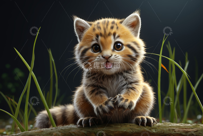 高清大图下载【趣麦麦图】可爱小老虎坐于木上张嘴模样