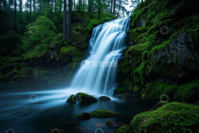 高清大图下载【趣麦麦图】森林中的自然瀑布景观