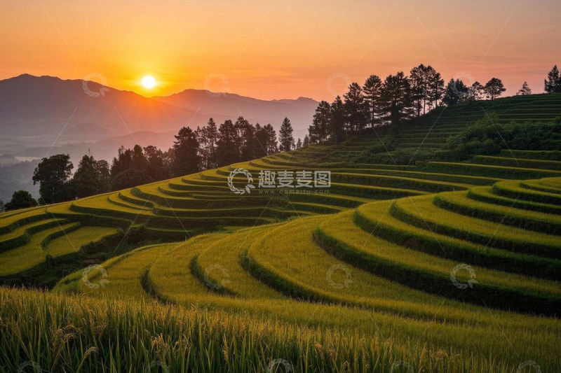 高清大图下载【趣麦麦图】夕阳下的层层梯田美景