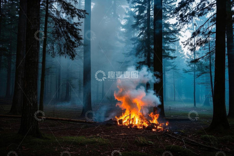 高清大图下载【趣麦麦图】森林中燃烧的篝火景观