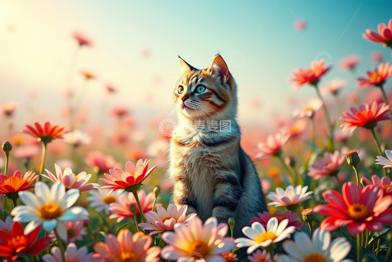 高清大图下载【趣麦麦图】花丛中静坐的小猫