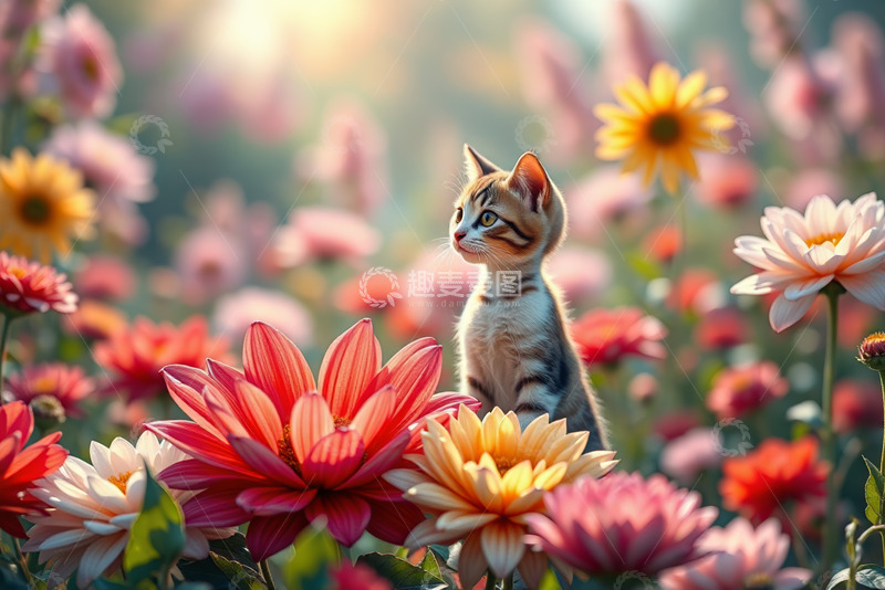 高清大图下载【趣麦麦图】花丛中站立的小猫