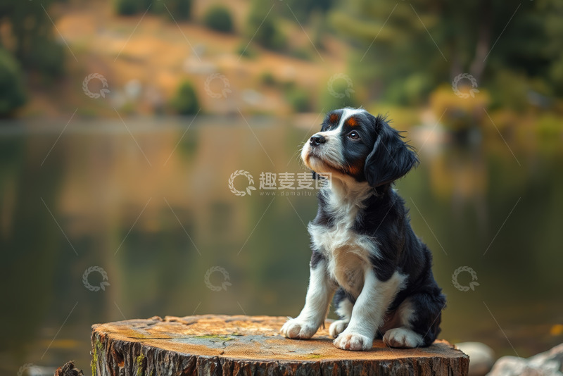 高清大图下载【趣麦麦图】湖边树桩上的可爱小狗