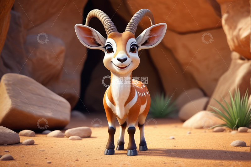 高清大图下载【趣麦麦图】卡通羚羊站在岩石地貌场景