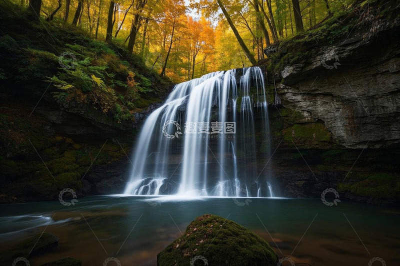 高清大图下载【趣麦麦图】森林中的瀑布自然景观